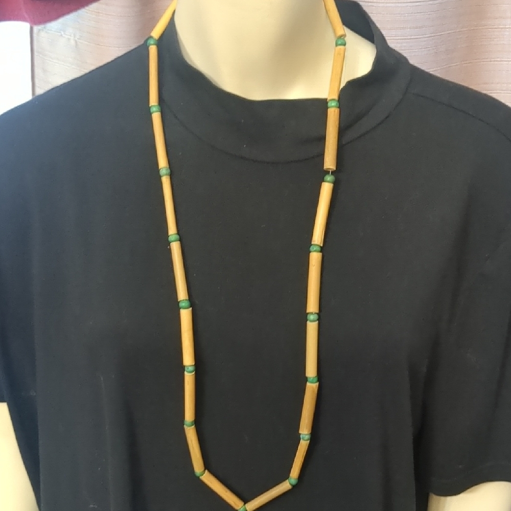 Source Unknown Bamboo Tube Necklace with Green Beads